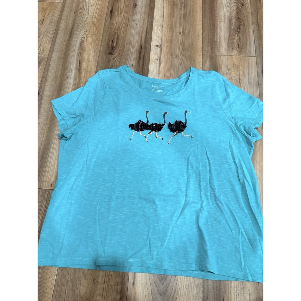 Talbots Petites Women's 2X Green T-shirt Embellished Ostriches Sequins Cotton